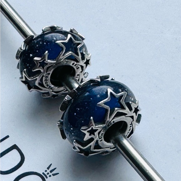 Pandora Lot/2 Galaxy Blue & Star Murano Glass Charm - Picture 2 of 3